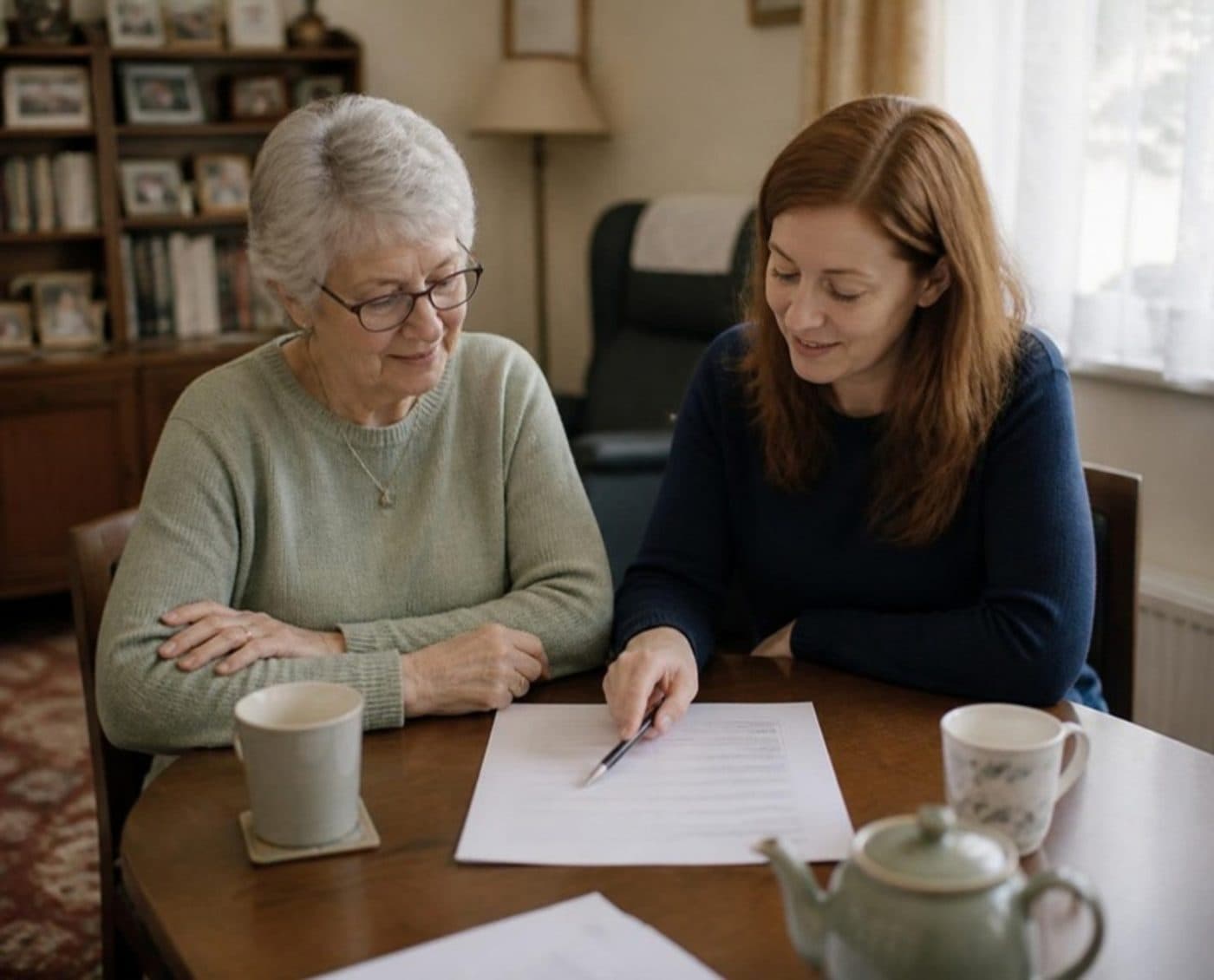 A mother and her adult daughter looking through paperwork together