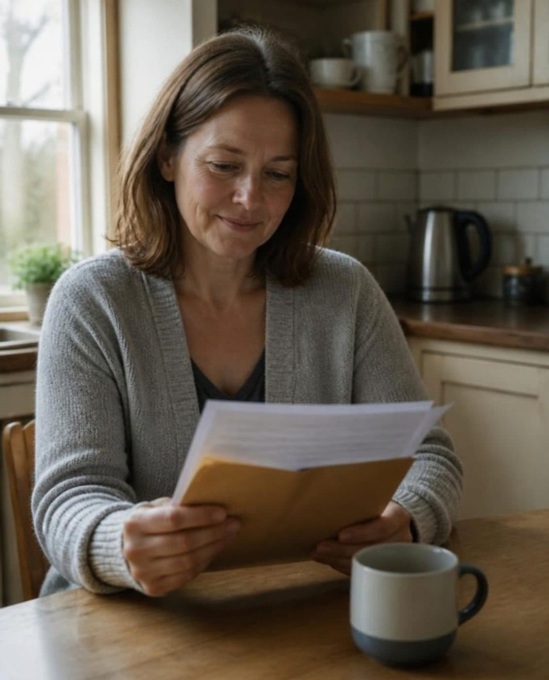 A woman reading a letter about her benefits at her kitchen table